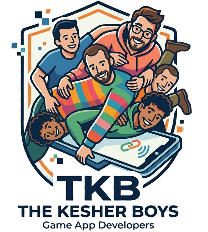 TKB — The Kesher Boys, Game App Developers: five friends tumbling out of a phone inside a shield