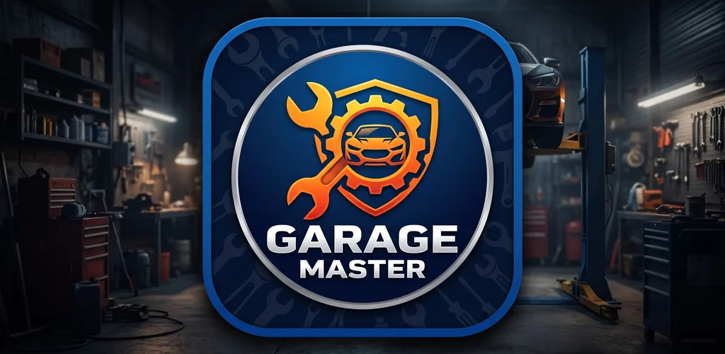 Garage Master logo: a wrench, a gear and a car on a navy badge, in front of a dark workshop with a blue car lift