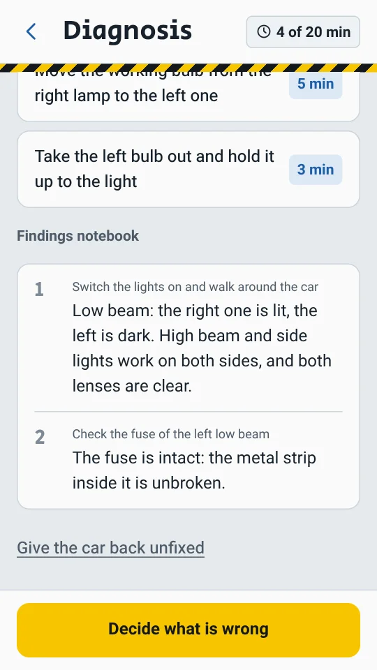 Diagnosis: a list of checks and a notebook of findings