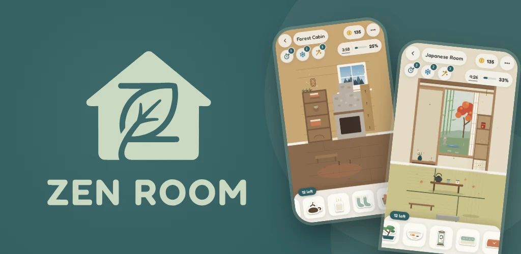 Zen Room logo beside two phones showing the Forest Cabin and Japanese Room levels